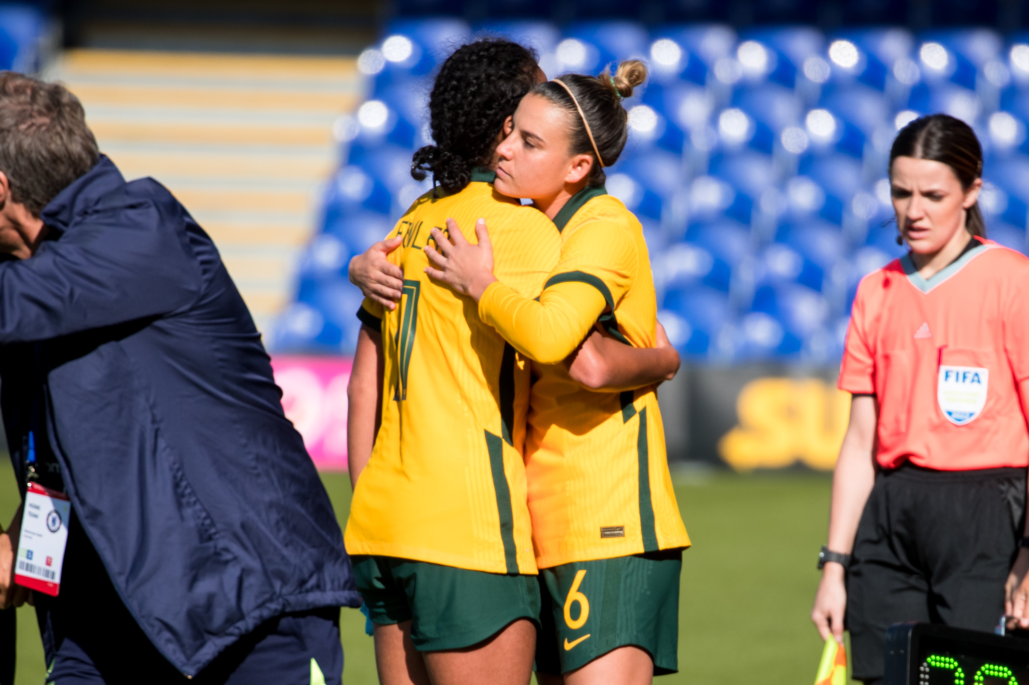 Chloe and Mary hugging post Matildas v South Africa