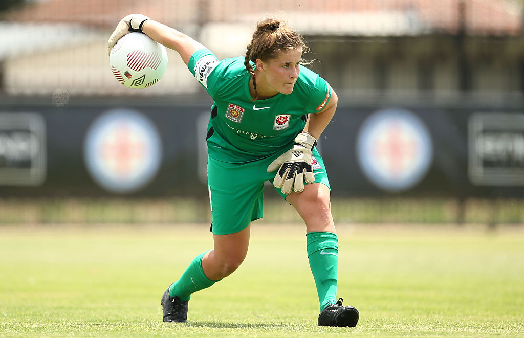Goalkeeper Teagan Micah of the Wanderers passes the ball during the round 12 W-League match between Melbourne City FC and the Western Sydney Wanderers at C.B.Smith Reserve on January 3, 2016 in Melbourne, Australia. (Photo by Scott Barbour/Getty Images)