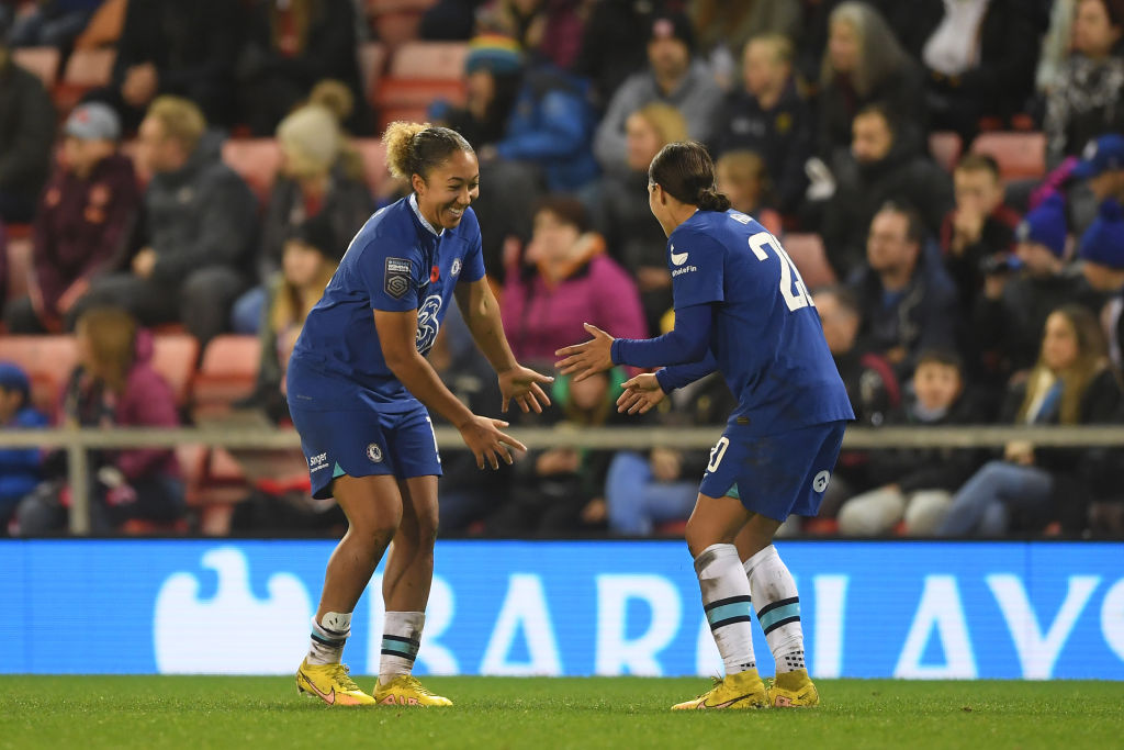  Lauren James of Chelsea celebrates with teammate Sam Kerr after scoring her team's second goal during the FA Women's Super League match between Manchester United and Chelsea at Leigh Sports Village on November 06, 2022 in Leigh, England. (Photo by Harriet Lander - Chelsea FC/Chelsea FC via Getty Images)