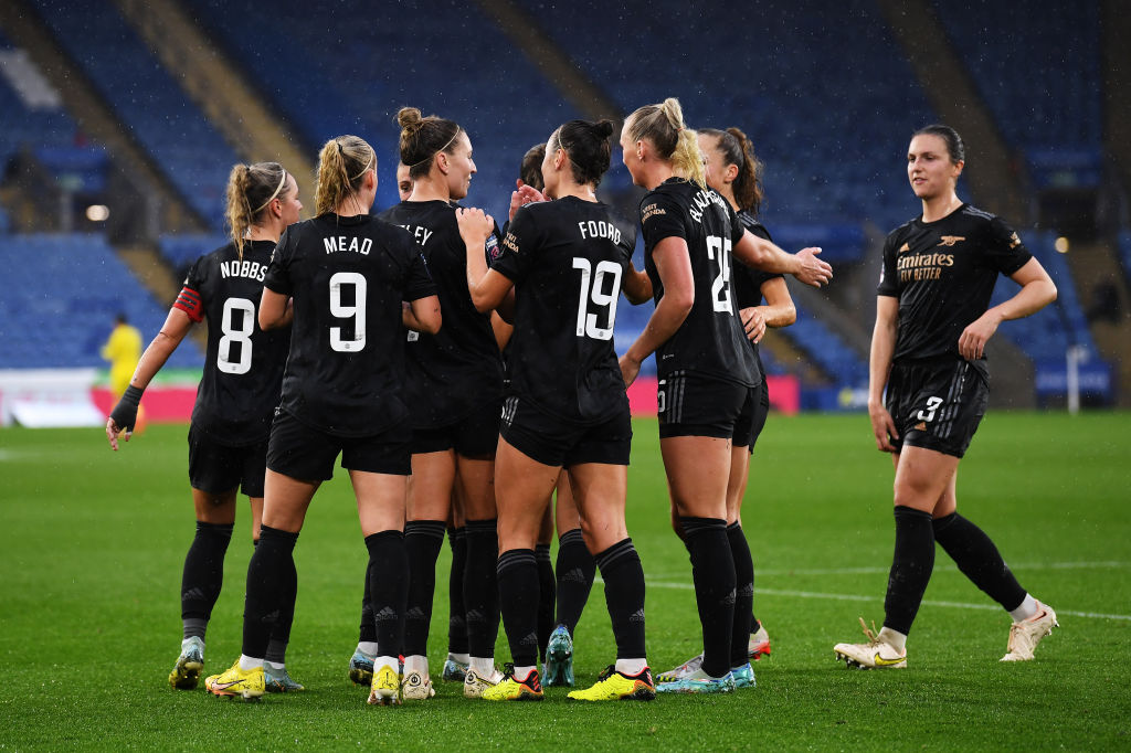  Steph Catley of Arsenal celebrates with teammates after scoring their team's third goal during the Barclays FA Women's Super League match between Leicester City and Arsenal at The King Power Stadium on November 06, 2022 in Leicester, England. (Photo by Alex Burstow/Arsenal FC via Getty Images )