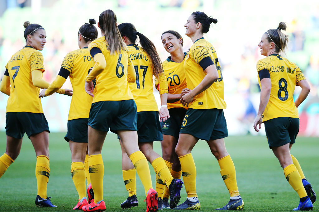 Sam Kerr (C) of the Matildas celebrates a goal during the Cup of Nations match between Australia and Argentina at AAMI Park on March 06, 2019 in Melbourne, Australia. (Photo by Michael Dodge/Getty Images)