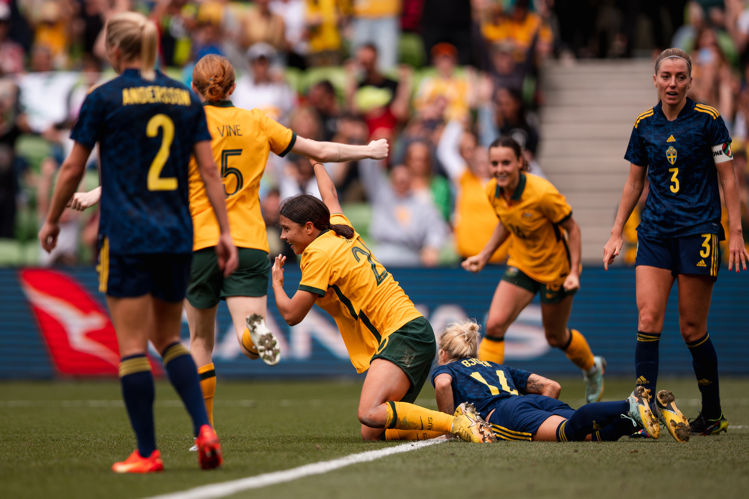 Sam Kerr celebrating her goal for Australia against Sweden at AAMI Park in Melbourne. (Photo: Rachel Bach/By The White Line)
