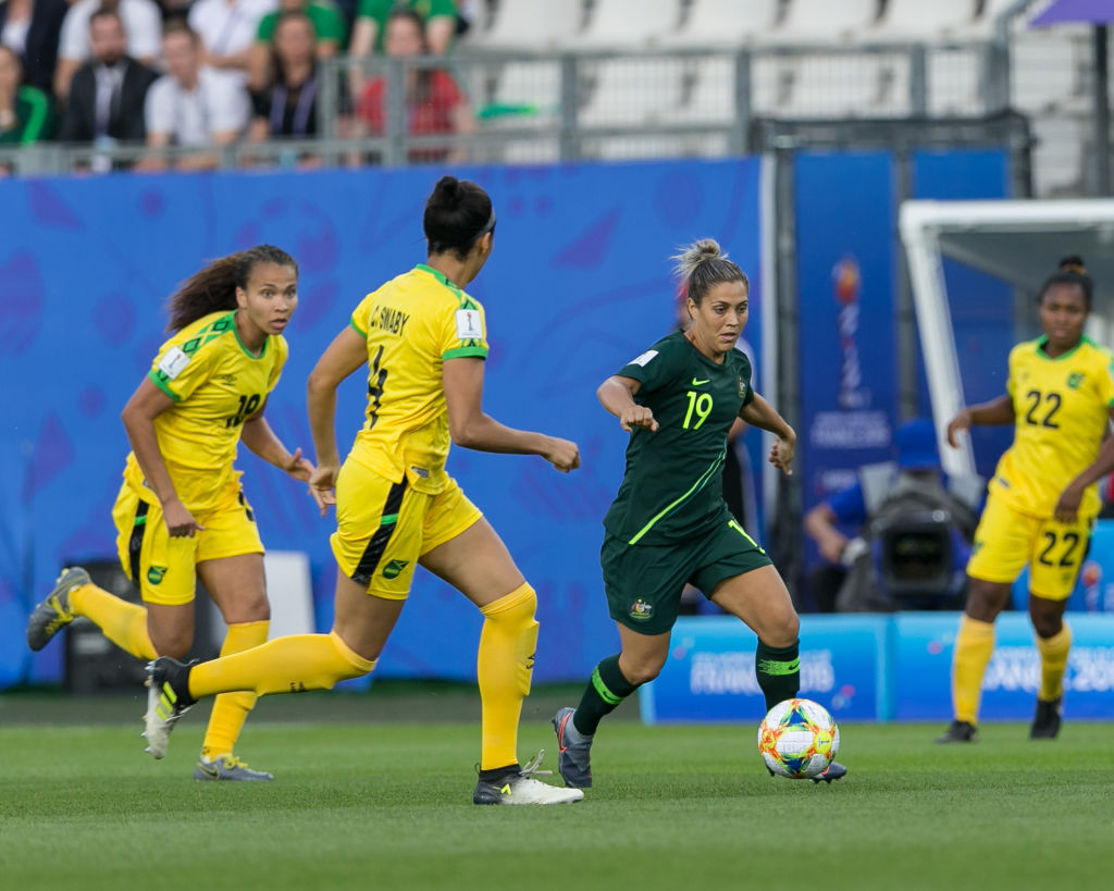 Katrina Gorry #19 of the Australian National Team dribbles at midfield during a game between Jamaica and Australia at Stade des Alpes on June 18, 2019 in Grenoble, France. (Photo by Andrew Katsampes/ISI Photos/Getty Images)