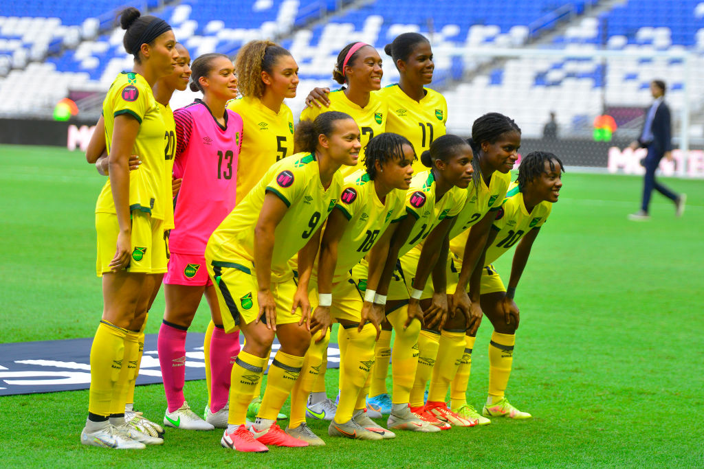 Players of Jamaica pose prior to the third place match between Costa Rica and Jamaica as part of the 2022 Concacaf W Championship at BBVA Stadium on July 18, 2022 in Monterrey, Mexico. (Photo by Jaime Lopez/Jam Media/Getty Images)