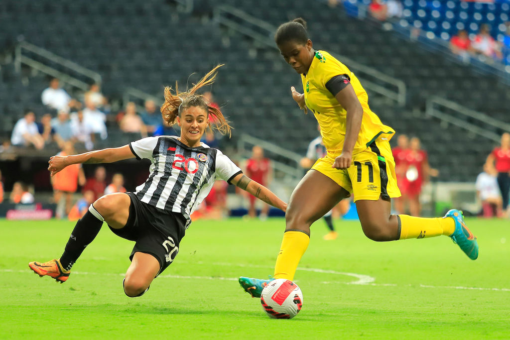 Khadija Shaw (R) of Jamaica during the third-place match between Costa Rica and Jamaica as part of the 2022 Concacaf W Championship at BBVA Stadium on July 18, 2022, in Monterrey, Mexico. (Photo by Jaime Lopez/Jam Media/Getty Images)
