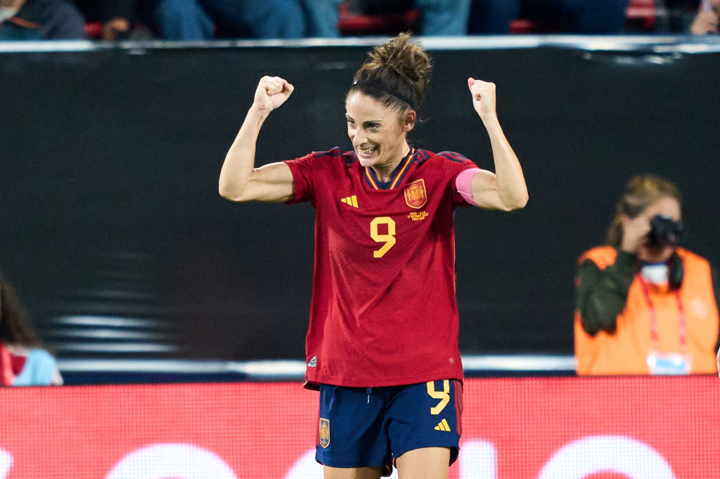 Esther Gonzalez of Spain celebrates after scoring his team's second goal during the Women's International Friendly match between Spain and USA at El Sadar Stadium on October 11, 2022 in Pamplona, Spain. (Photo by Juan Manuel Serrano Arce/Getty Images)