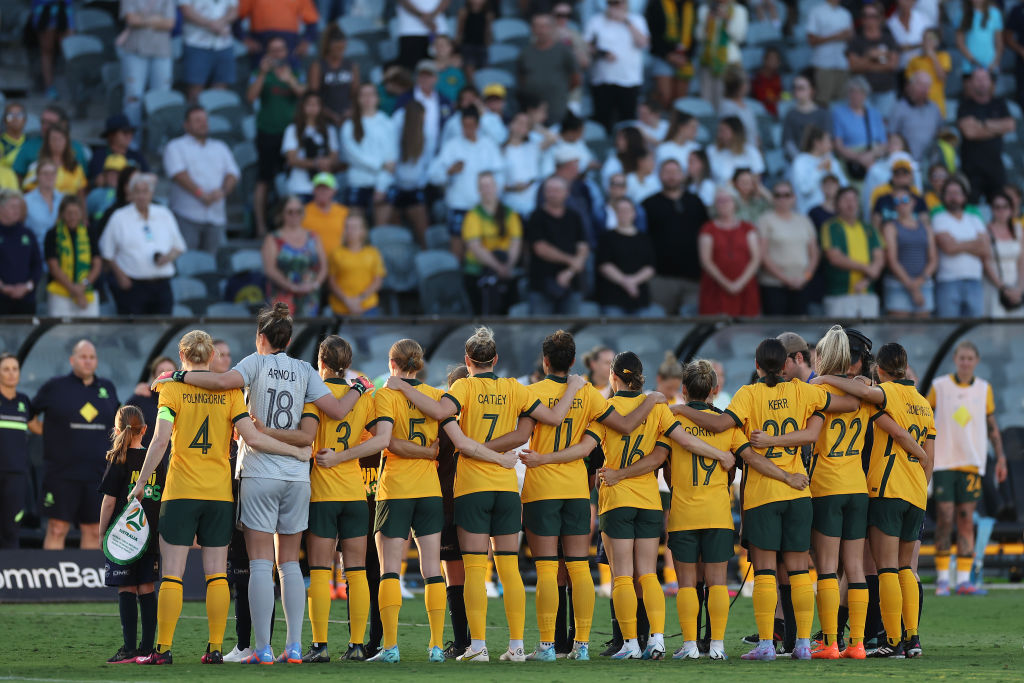 Team Matildas line up sing the national anthem during the Cup of Nations match between the Australia Matildas and Czechia at Industree Group Stadium on February 16, 2023 in Gosford, Australia. (Photo by Cameron Spencer/Getty Images)