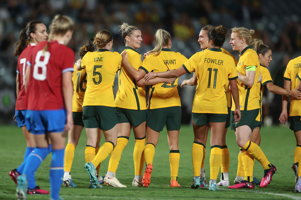 Sam Kerr of the Matildas celebrates a goal with team mate during the Cup of Nations match between the Australia Matildas and Czechia at Industree Group Stadium on February 16, 2023 in Gosford, Australia. (Photo by Cameron Spencer/Getty Images)