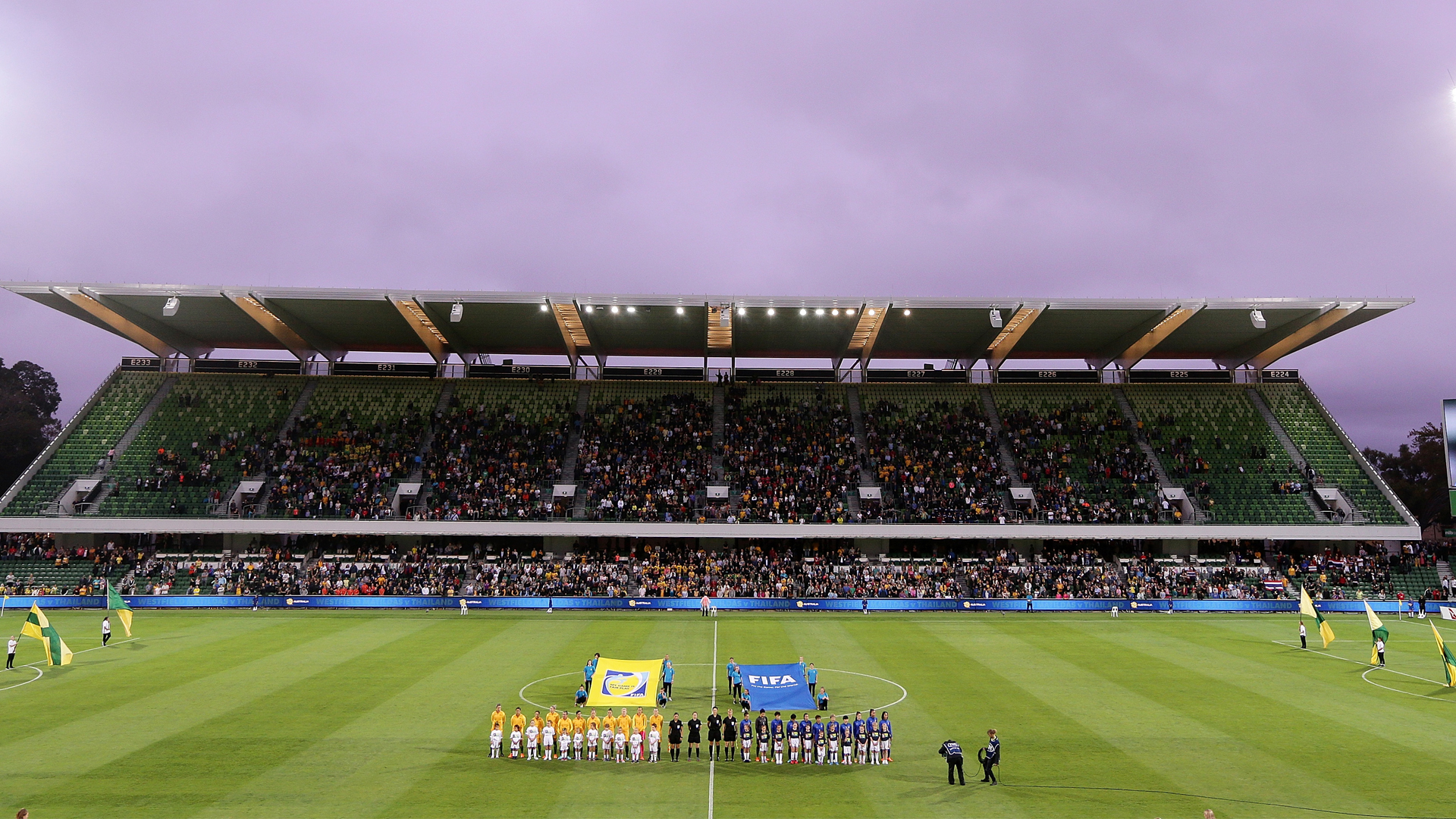 The teams line up for Anthems during the International Friendly Match between the Australian Matildas and Thailand at NIB Stadium on March 26, 2018 in Perth, Australia. (Photo by Will Russell/Getty Images)