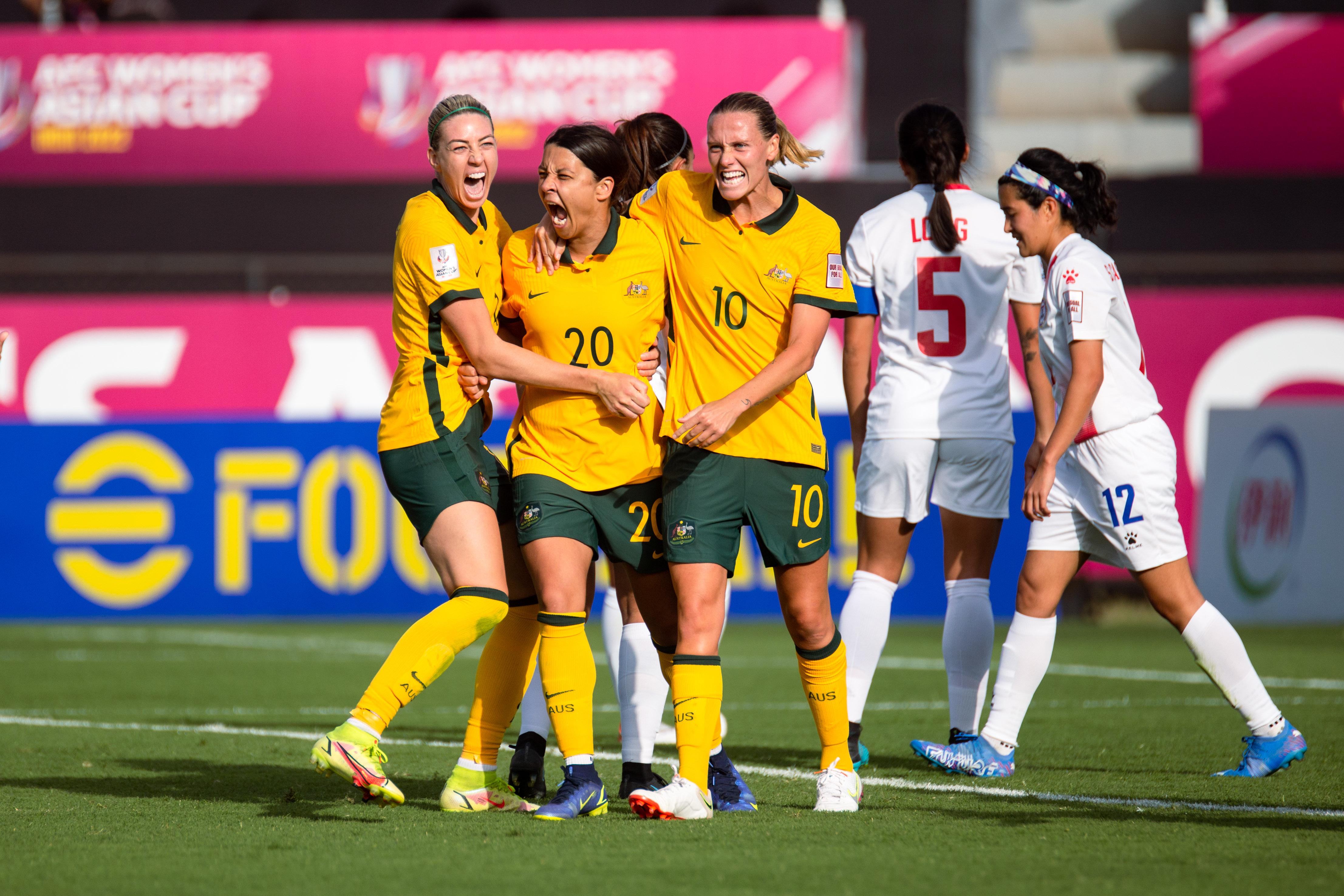 Sam Kerr of Australia celebrates scoring her side's first goal with teammates during the AFC Women's Asian Cup Group B match between Philippines and Australia at Mumbai Football Arena on January 24, 2022 in Mumbai, India. (Photo: Ann Odong/Football Australia)