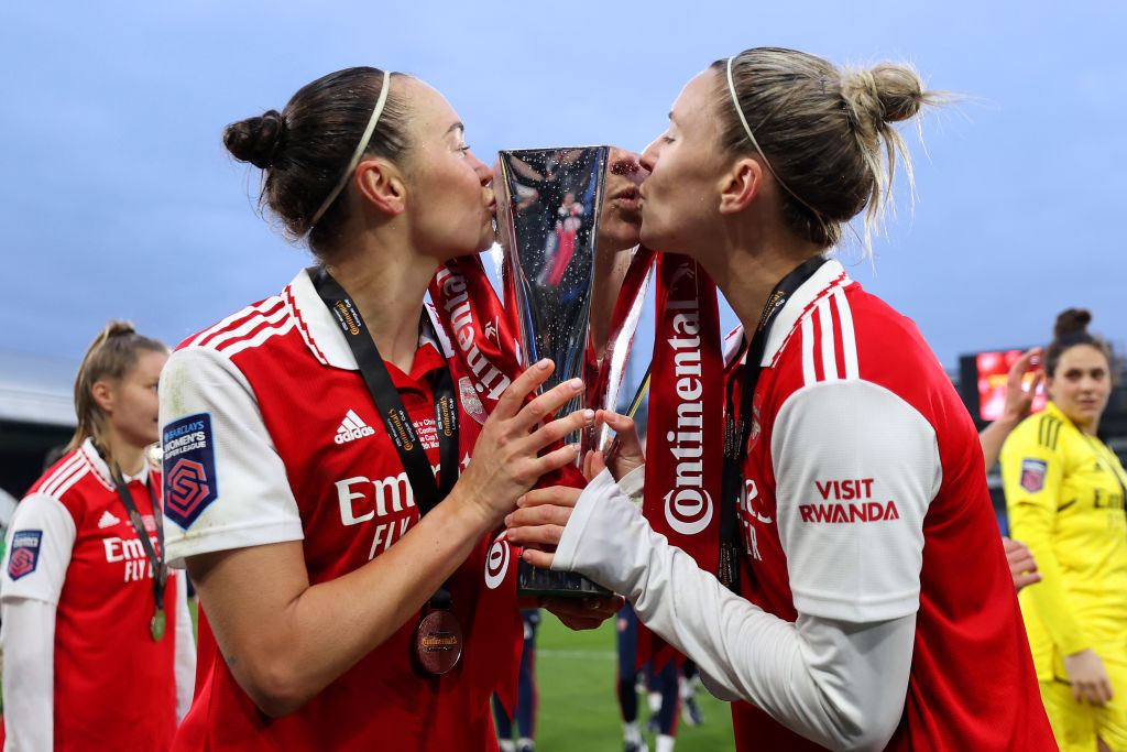 Caitlin Foord and Steph Catley of Arsenal celebrate with the FA Women's Continental Tires League Cup trophy following the FA Women's Continental Tires League Cup Final match between Chelsea and Arsenal at Selhurst Park on March 05, 2023 in London, England . (Photo by Alex Pantling/Getty Images)