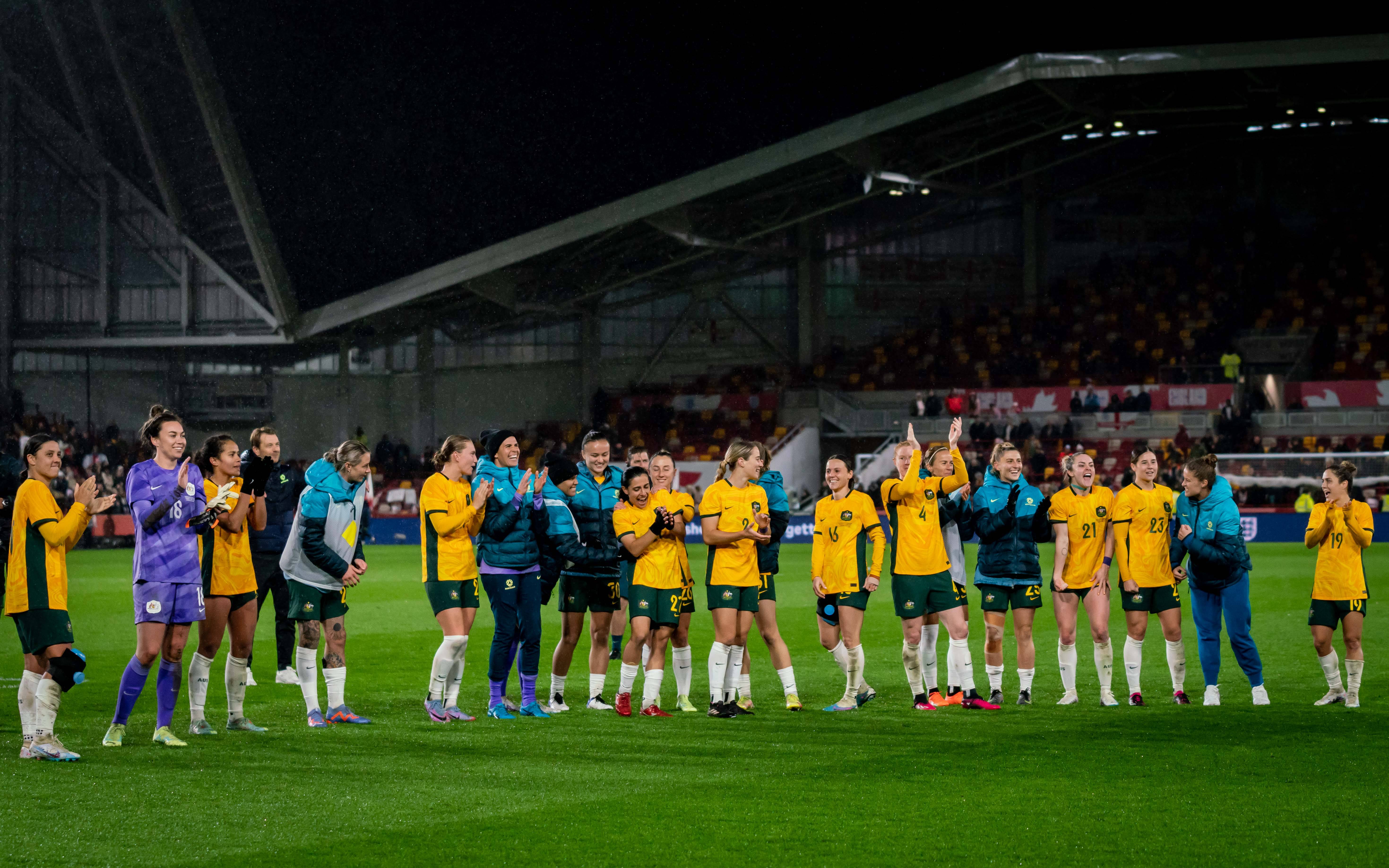 A general view as players of Australia celebrate after defeating England during the Women's International Friendly match between England and Australia at Gtech Community Stadium on April 11, 2023 in Brentford, England. (Photo: Daniela Torres / SPP)