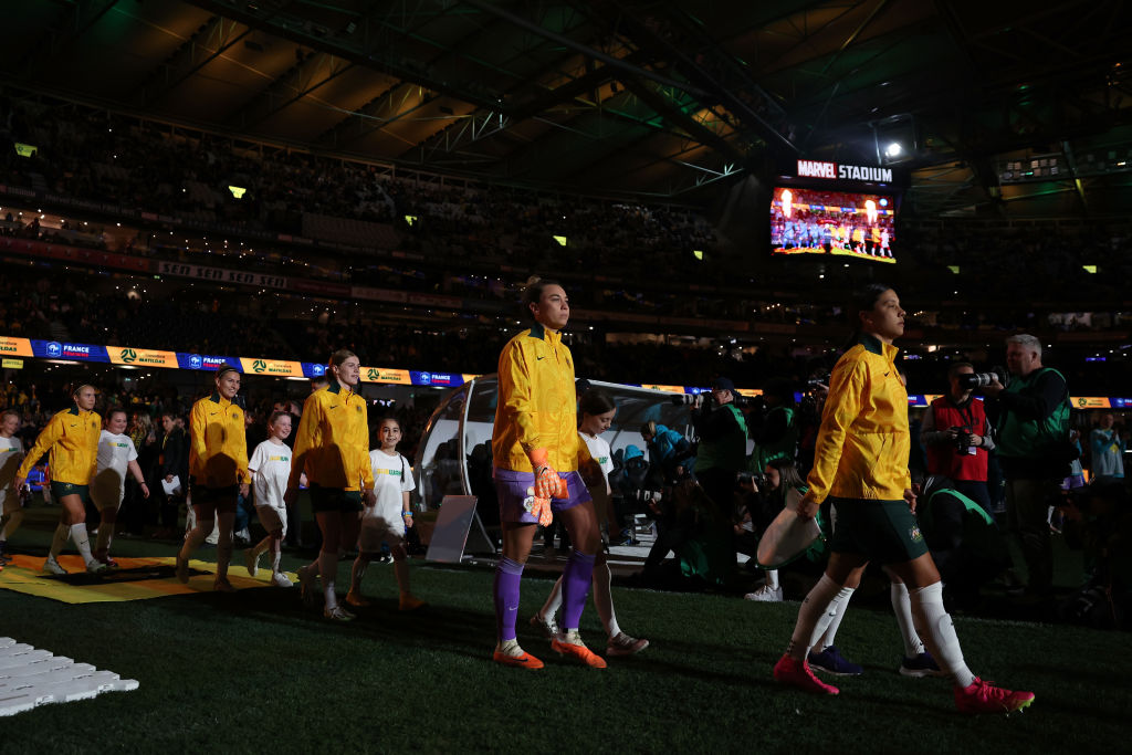 Sam Kerr of the Matildas leads her team out during the International Friendly match between the Australia Matildas and France at Marvel Stadium on July 14, 2023 in Melbourne, Australia. (Photo by Robert Cianflone/Getty Images)