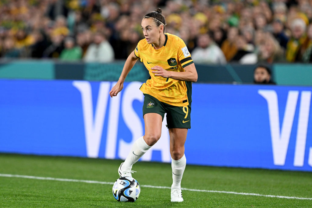 Caitlin Foord of Australia in action during the FIFA Women's World Cup Australia & New Zealand 2023 Group B match between Australia and Ireland at Stadium Australia on July 20, 2023 in Sydney, Australia. (Photo by Bradley Kanaris/Getty Images)