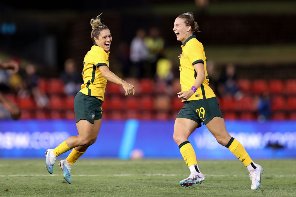 Katrina Gorry of Australia celebrates scoring a goal with team mate Clare Hunt during the Cup of Nations match between the Australia Matildas and Jamaica at McDonald Jones Stadium on February 22, 2023 in Newcastle, Australia. (Photo by Brendon Thorne/Getty Images)