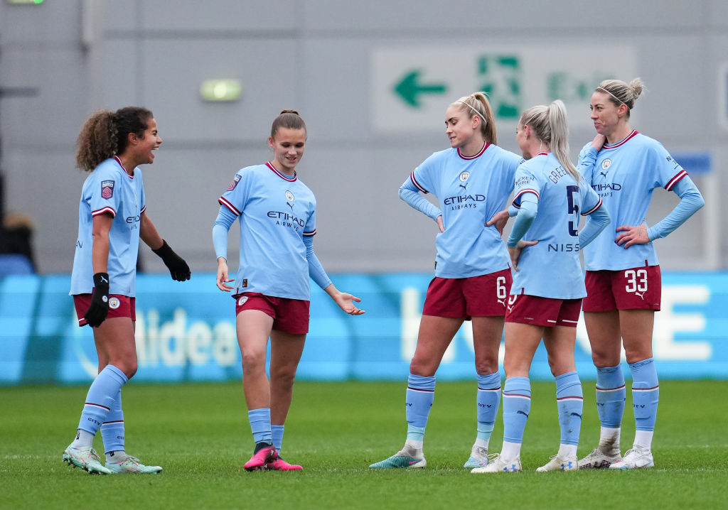 Mary Fowler, Kerstin Casparij, Steph Houghton and Alanna Kennedy of Manchester City during the Women's FA Cup clash against Sheffield United at Manchester City Academy Stadium on January 29, 2023 in Manchester, England. 