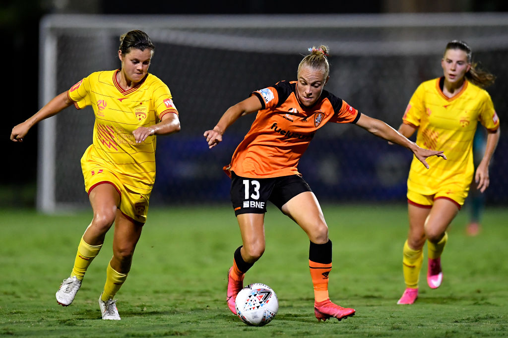 Tameka Yallop of the Roar controls the ball under pressure during the round 12 W-League match between Brisbane Roar and Adelaide United at Lions Stadium, on March 12, 2021, in Brisbane, Australia. (Photo by Albert Perez/Getty Images)