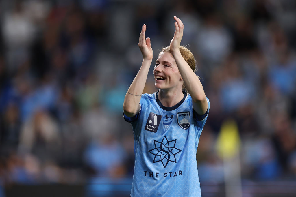 Cortnee Vine of Sydney FC thanks fans during the A-League Women's Grand Final match between Western United and Sydney FC at CommBank Stadium on April 30, 2023, in Sydney, Australia. (Photo by Cameron Spencer/Getty Images)