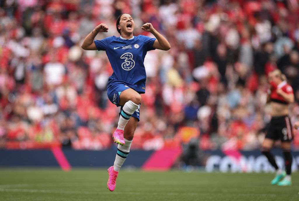 Sam Kerr of Chelsea celebrates the team's victory on the final whistle during the Vitality Women's FA Cup Final between Chelsea FC and Manchester United at Wembley Stadium on May 14, 2023 in London, England. (Photo by Ryan Pierse/Getty Images)