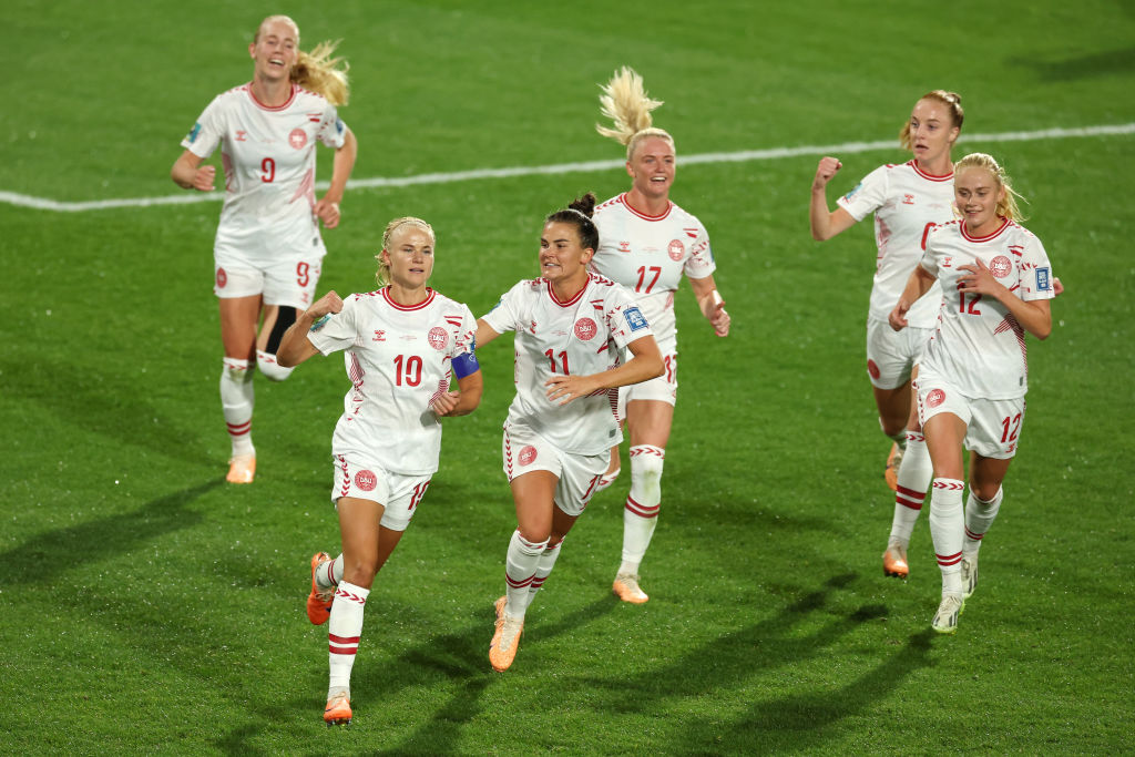 Pernille Harder (2nd L) of Denmark celebrates with teammates after scoring her team's first goal during the FIFA Women's World Cup Australia & New Zealand 2023 Group D match between Haiti and Denmark at Perth Rectangular Stadium on August 01, 2023 in Perth, Australia. (Photo by Will Russell - FIFA/FIFA via Getty Images)