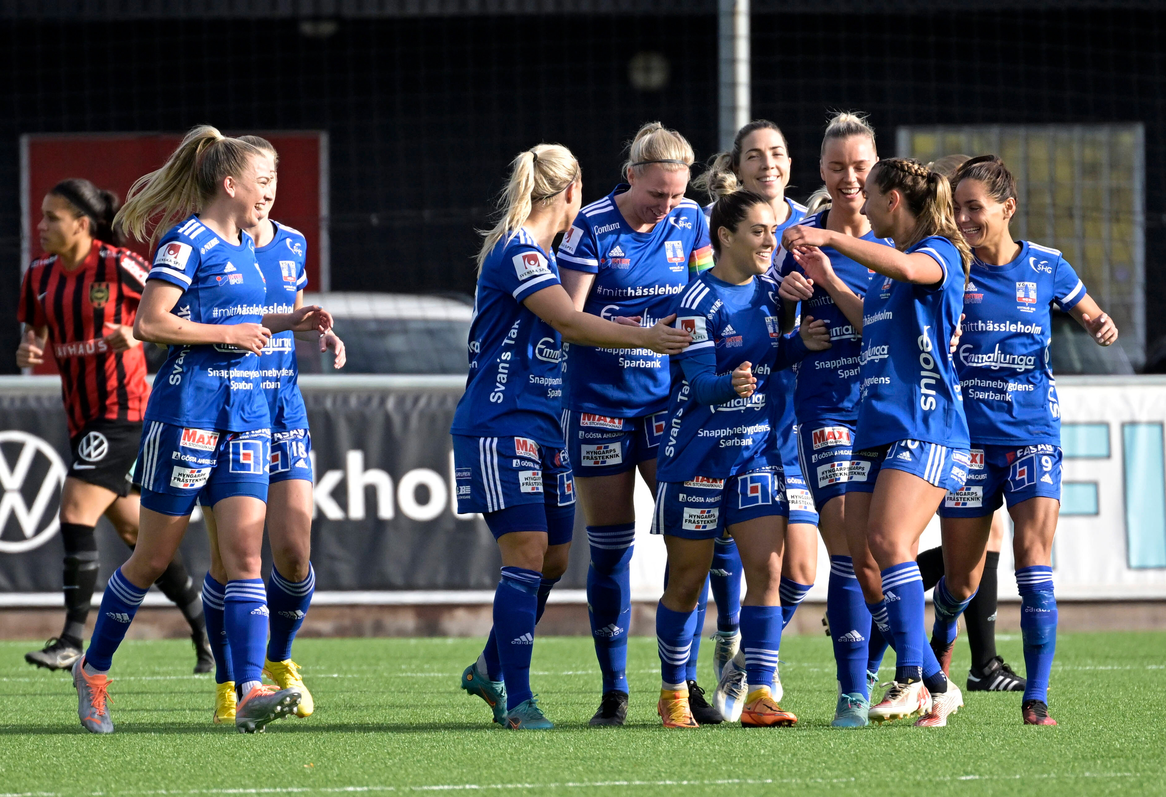 Vittsjös Katrina Gorry, center, is congratulated by her teammates for her 0 1 goal during Sundays match in the womens Swedish league between IF Brommapojkarna and Vittsjö GIK