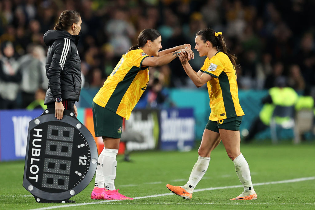 Sam Kerr of Australia is brought in for Hayley Raso during the FIFA Women's World Cup Australia & New Zealand 2023 Round of 16 match between Australia and Denmark at Stadium Australia on August 07, 2023 in Sydney / Gadigal, Australia . (Photo by Brendon Thorne/Getty Images)