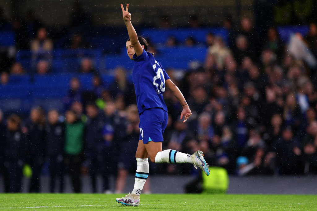 Sam Kerr of Chelsea celebrates scoring the team's second penalty in the shootout during the UEFA Women's Champions League quarter-final 2nd leg match between Chelsea FC and Olympique Lyonnais at Stamford Bridge on March 30, 2023 in London, England . (Photo by Clive Rose/Getty Images)