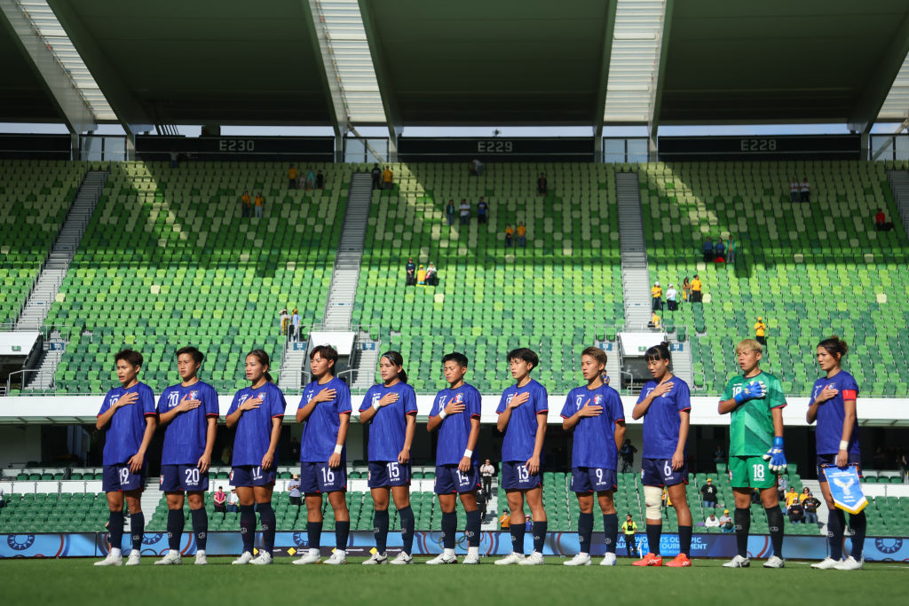 Chinese Taipei sing the national anthem during the AFC Women's Asian Olympic Qualifier match between Chinese Taipei and Philippines at HBF Park on October 26, 2023 in Perth, Australia. (Photo by James Worsfold/Getty Images)