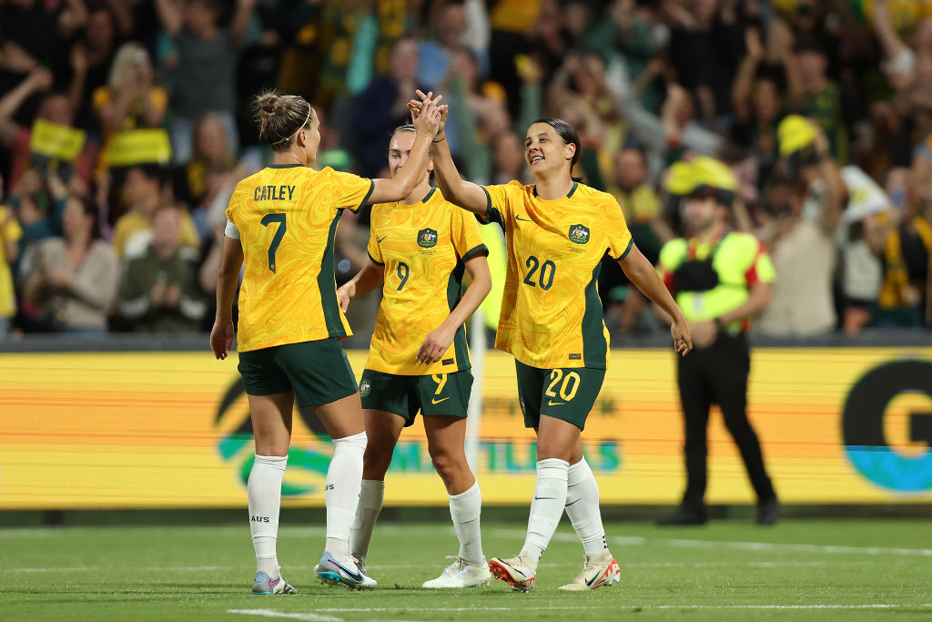 Samantha Kerr of Australia celebrates a goal during the AFC Women's Asian Olympic Qualifier match between Australia and Chinese Taipei at HBF Park at HBF Park on November 01, 2023 in Perth, Australia. (Photo by Paul Kane/Getty Images)