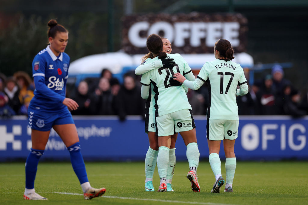 Sam Kerr of Chelsea celebrates with teammates Johanna Rytting Kaneryd and Jessie Fleming after scoring the team's second goal during the Barclays Women´s Super League match between Everton FC and Chelsea FC at Walton Hall Park on November 12, 2023 in Liverpool, England. (Photo by Lewis Storey/Getty Images)