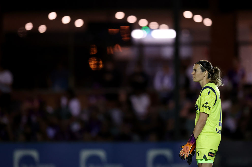 Lydia Williams of the Victory looks on during the A-League Women round five match between Perth Glory and Melbourne Victory at Macedonia Park, on November 18, 2023, in Perth, Australia. (Photo by Will Russell/Getty Images)