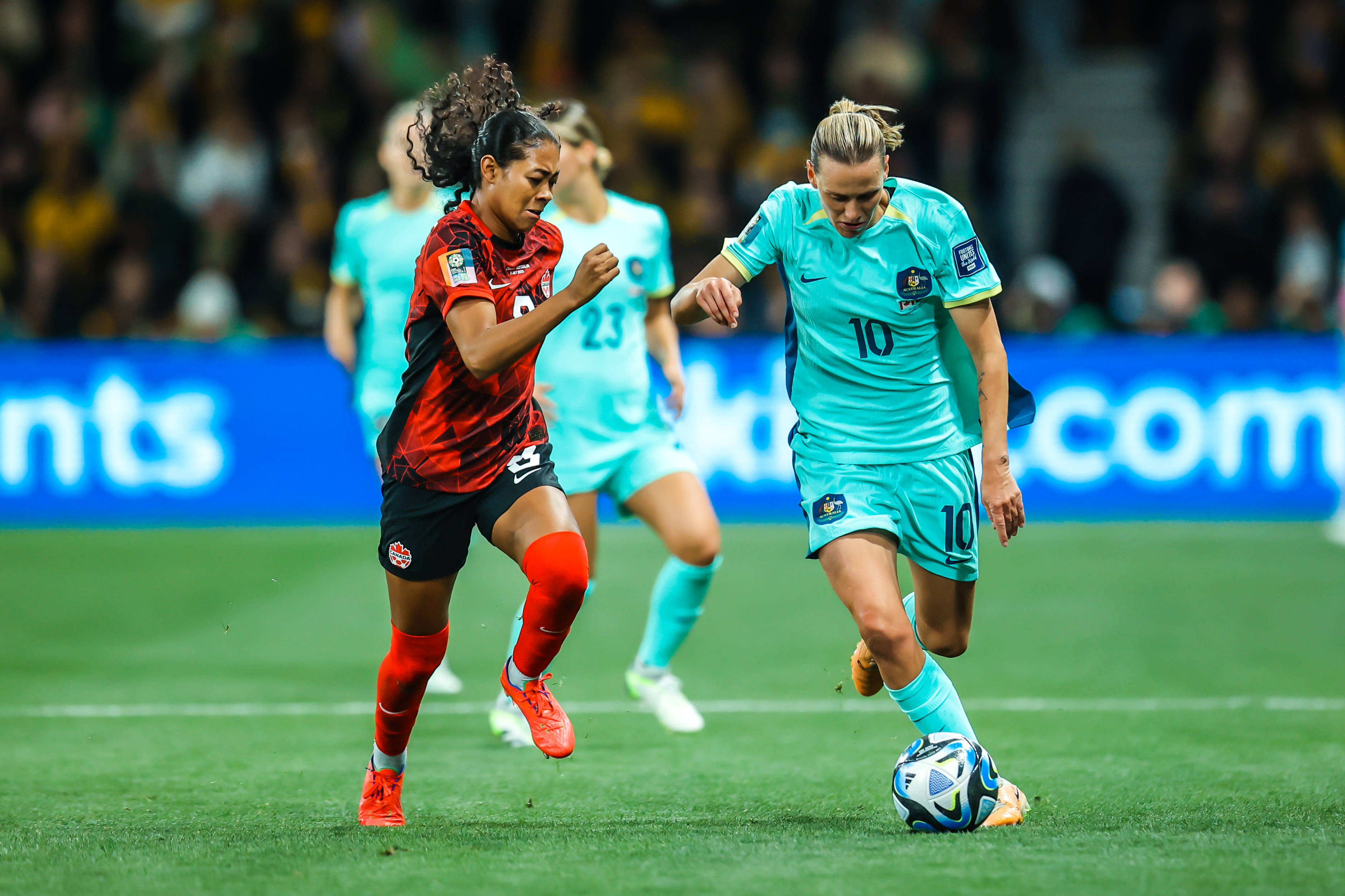 Emily VAN EGMOND of Australia and Jayde RIVIERE of Canada compete as Australia plays Canada at the FIFA Women s World Cup Australia & New Zealand 2023 at Melbourne Rectangular Stadium 