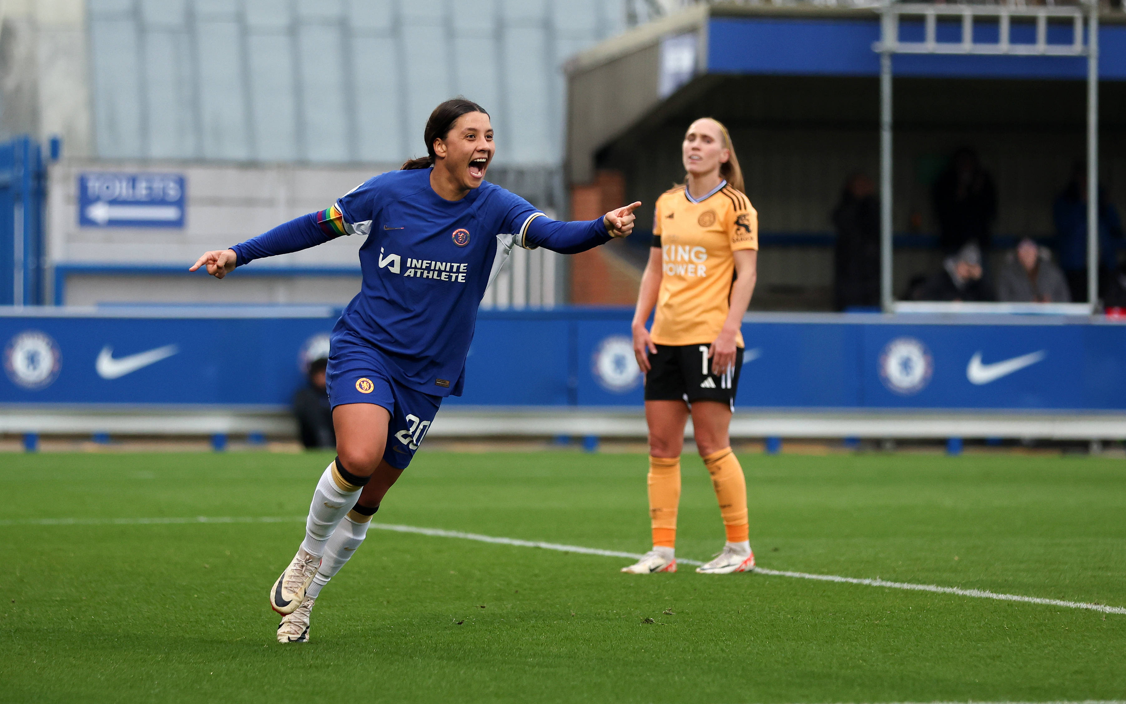 Chelsea’s Sam Kerr celebrates scoring their side s third goal of the game during the Barclays Women s Super League match at Kingsmeadow, London. 