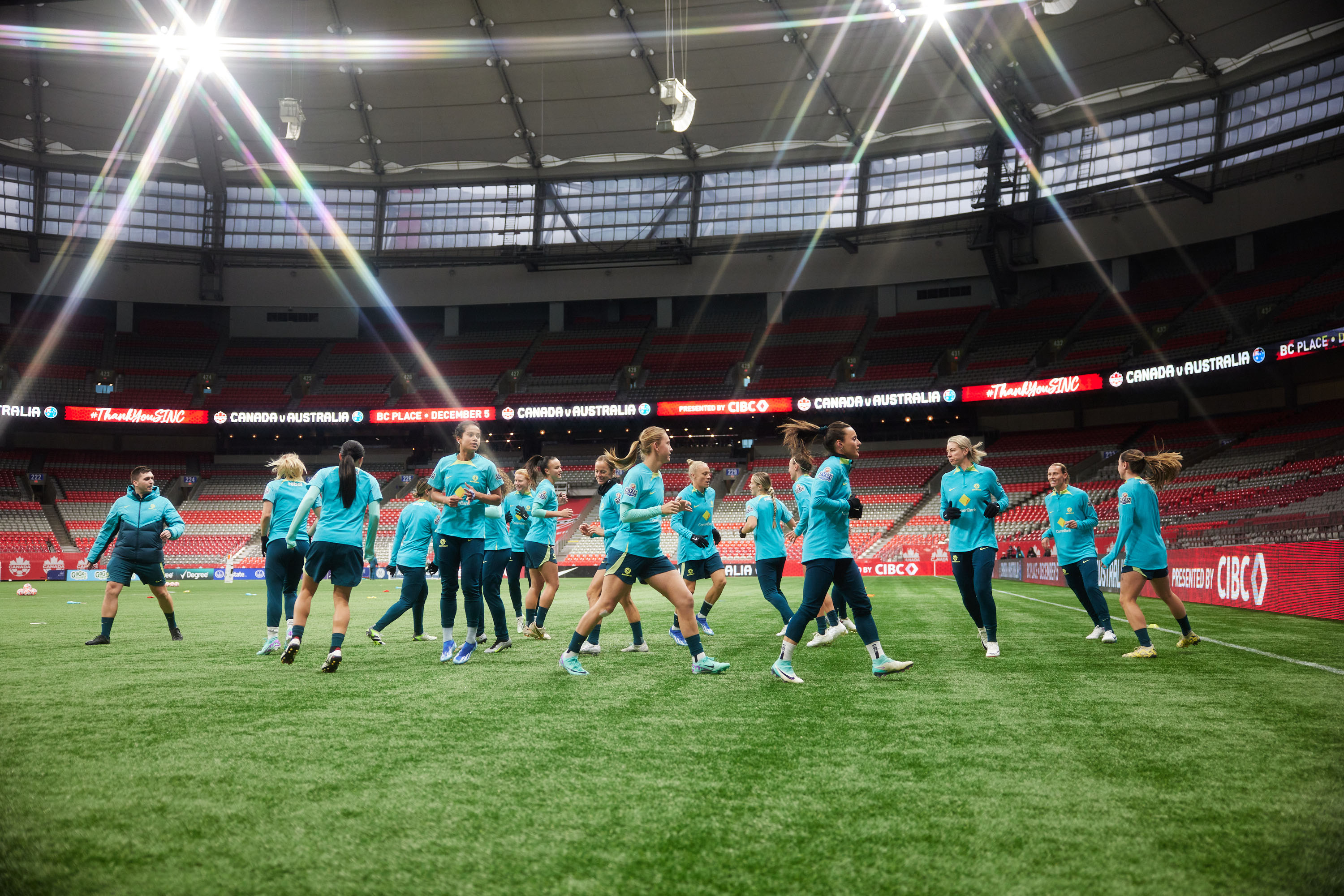 The CommBank Matildas during their final MD-1 training session of the year at Christine Sinclair Place, BC, Canada. (Photo: Rachel Bach/By The White Line)