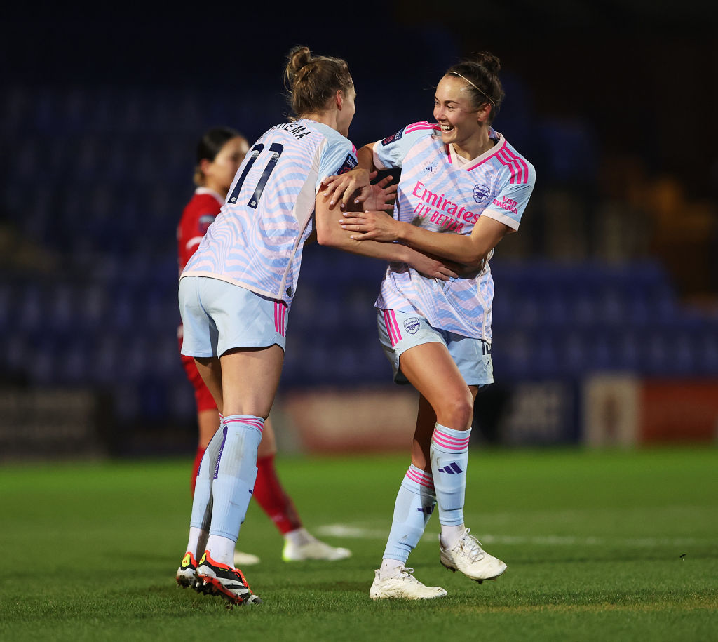 Vivianne Miedema of Arsenal celebrates scoring her team's first goal with teammate Caitlin Foord during the Barclays Women's Super League match between Liverpool FC and Arsenal FC at Prenton Park on January 28, 2024 in Birkenhead, England. (Photo by Cameron Smith/Getty Images)