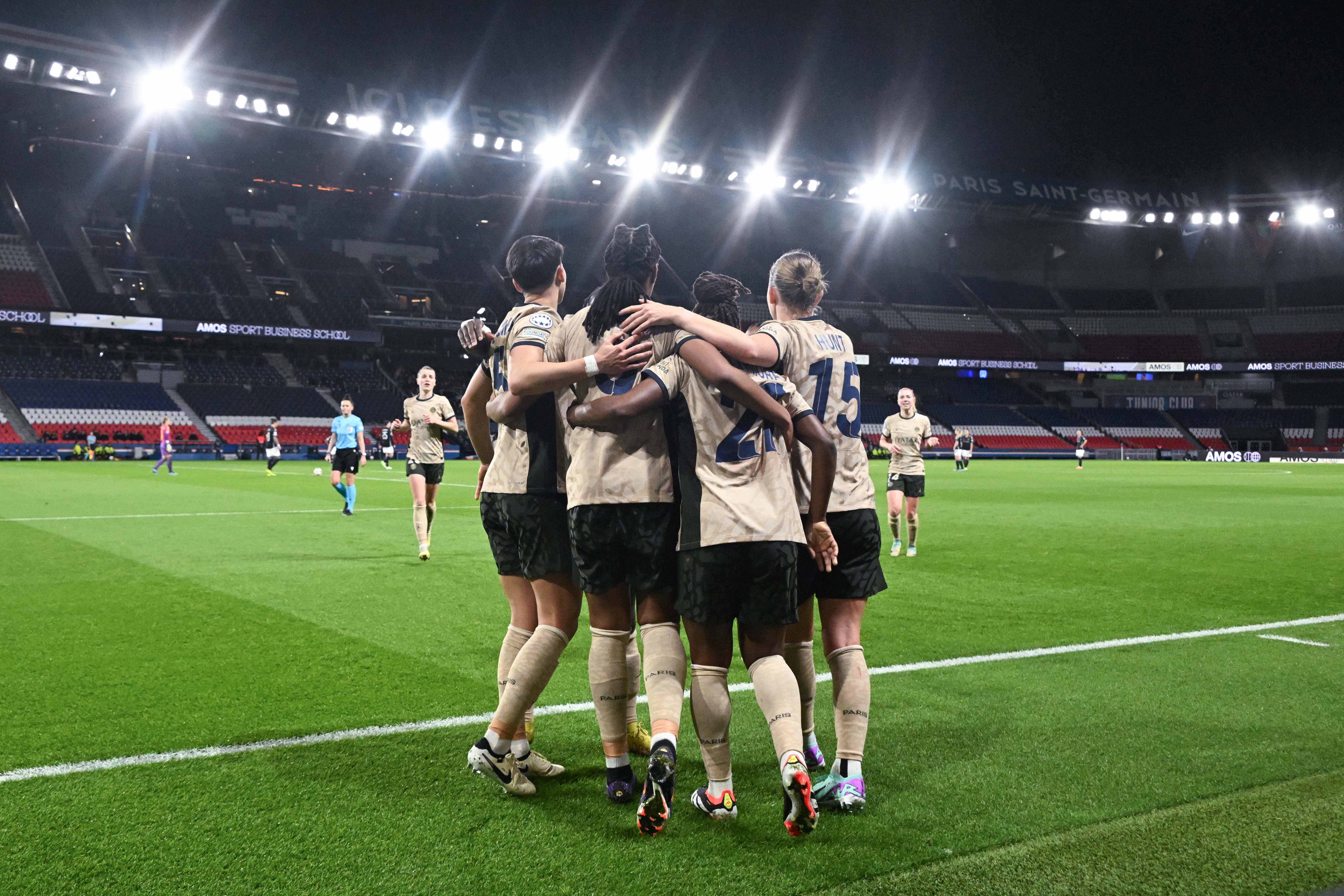 Marie Antoinette Katoto ( 9 - PSG ) celebrates with teammates during the WCL match between PSG and Ajax at Parc des Princes on January 24, 2024 in Paris, France. ( Photo by federico pestellini / panoramic )