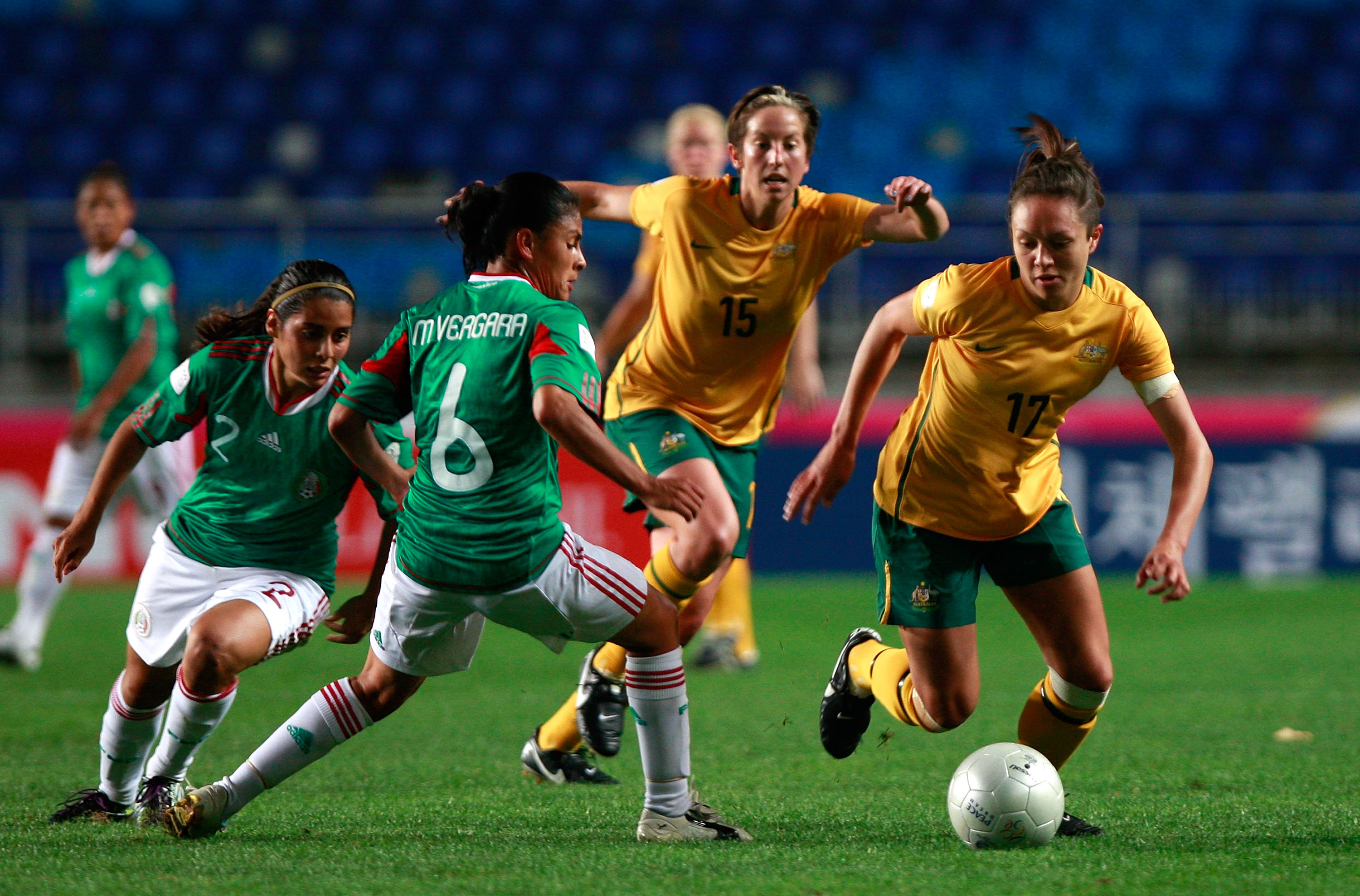 Kyah Simon of Australia and Monica Vergara Rubio of Mexico compete for the ball during the Peace Queen Cup match between Australia and Mexico at Suwon World Cup Stadium on October 17, 2010 in Suwon, South Korea. Australia won the match 3:1. (Photo by Chung Sung-Jun/Getty Images)