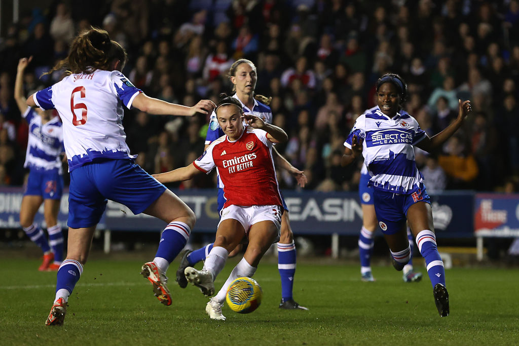 Caitlin Foord of Arsenal scores her team's first goal during the FA Women's Continental Tyres League Cup match between Reading and Arsenal at Select Car Leasing Stadium on January 24, 2024 in Reading, England. (Photo by Ryan Pierse/Getty Images)