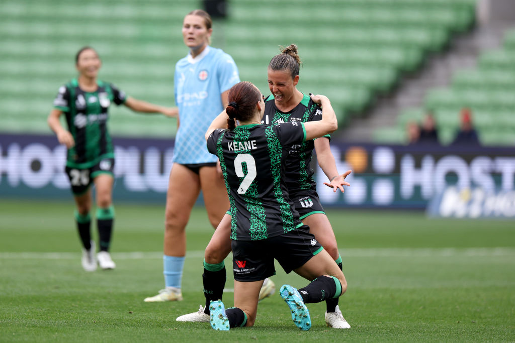 Hannah Keane of Western United celebrates a goal during the A-League Women round 14 match between Melbourne City and Western United at City Football Academy, on January 25, 2024, in Melbourne, Australia. (Photo by Jonathan DiMaggio/Getty Images)