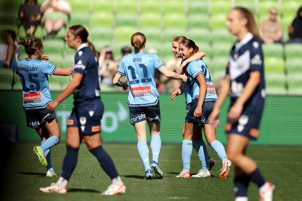 Maddie Caspers of Sydney FC celebrates a goal with teammates during the A-League Women round 14 match between Melbourne Victory and Sydney FC at AAMI Park, on January 26, 2024, in Melbourne, Australia. (Photo by Jonathan DiMaggio/Getty Images)