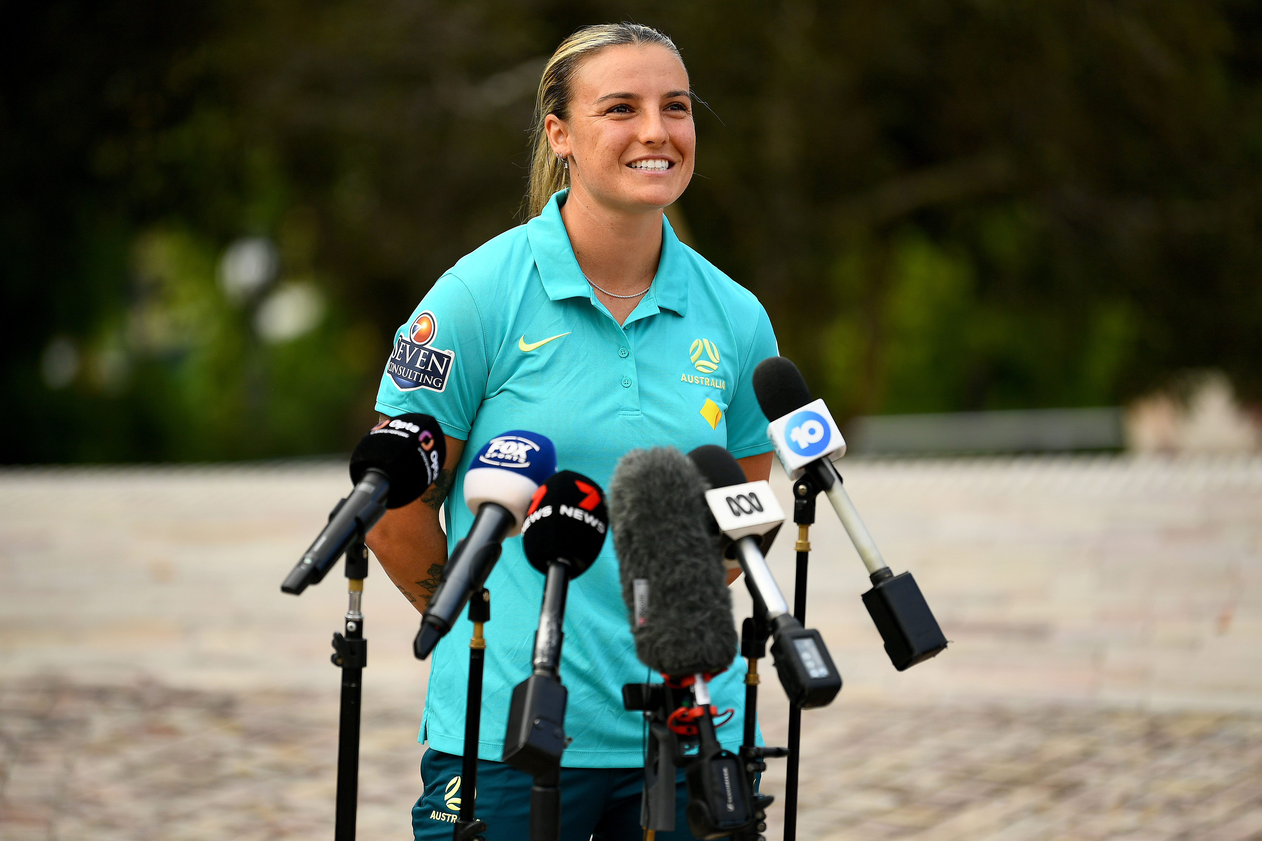 Chloe Logarzo of the Matildas speaks to the media during the Matildas squad announcement ahead of the AFC Women's Olympic Football Tournament Paris 2024 Asian Qualifiers, at Federation Square on February 07, 2024 in Melbourne, Australia. (Photo by Josh Chadwick/Getty Images)