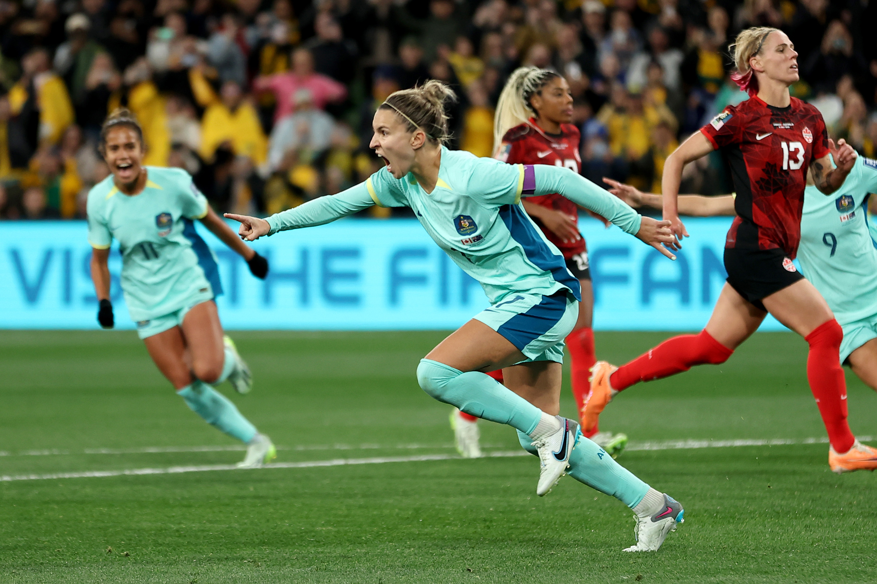 Steph Catley of Australia celebrates after scoring her team's fourth goal during the FIFA Women's World Cup Australia & New Zealand 2023 Group B match between Canada and Australia at Melbourne Rectangular Stadium on July 31, 2023 in Melbourne / Naarm, Australia. (Photo by Cameron Spencer/Getty Images)