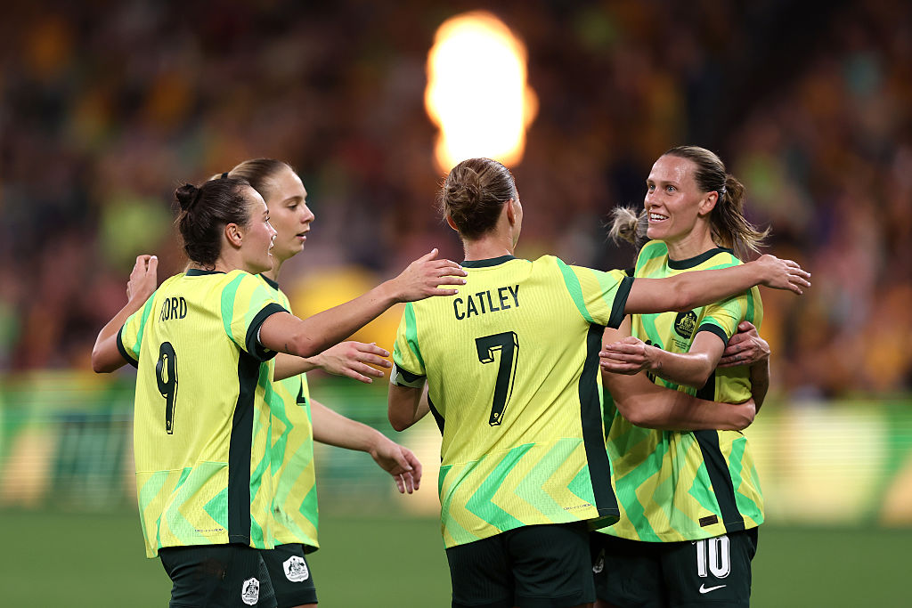 SYDNEY, AUSTRALIA - APRIL 04: Emily van Egmond of Australia celebrates an own goal by Lim Seonjoo of Korea Republic during the International Friendly between Australia Matildas and Korea Republic at Allianz Stadium on April 04, 2025 in Sydney, Australia. (Photo by Matt King/Getty Images)