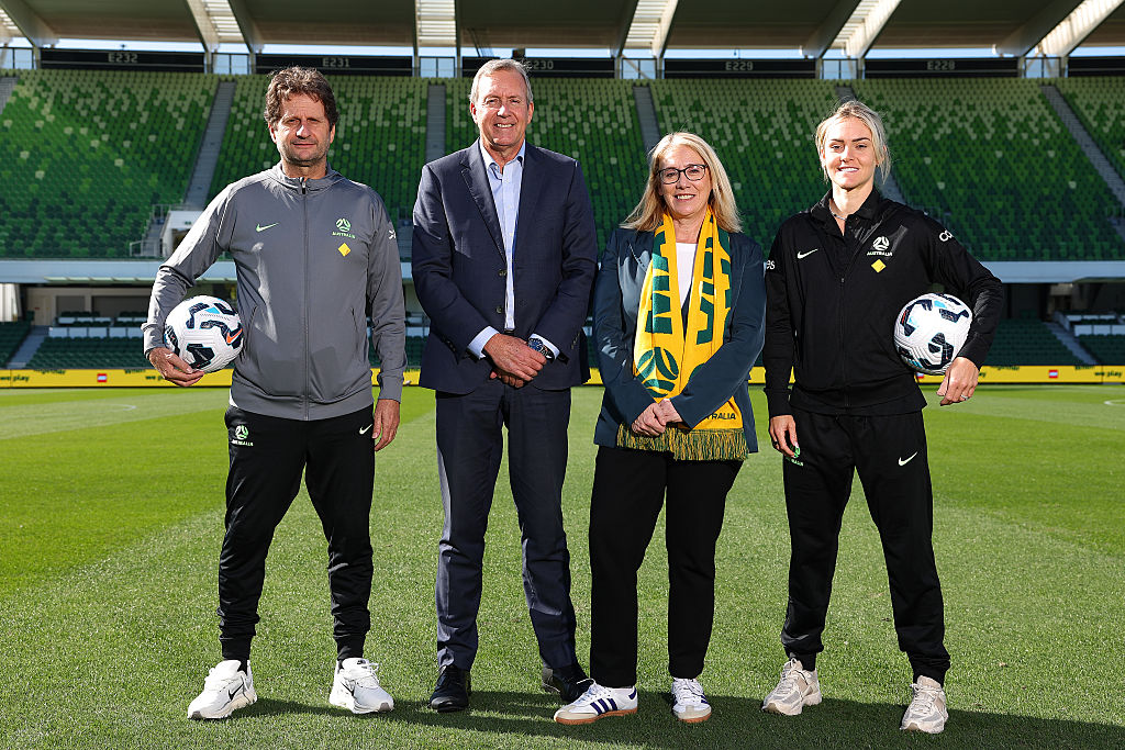 Joe Montemurro, coach of the Matildas, Reece Whitby (Minister for Tourism - Western Australia), Rita Saffioti (Deputy Premier - Western Australia ) and Ellie Carpenter of the Matildas pose during an Australia Matildas media opportunity at HBF Park on June 25, 2025 in Perth, Australia. (Photo by Paul Kane/Getty Images)