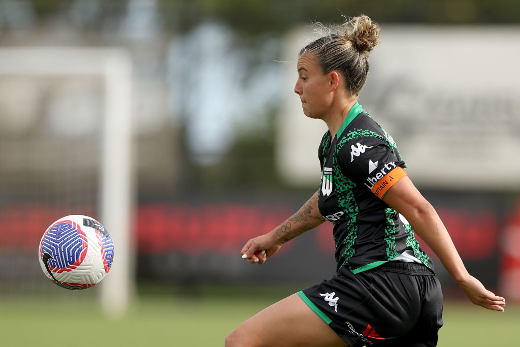 MELBOURNE, AUSTRALIA - JANUARY 21: Chloe Logarzo of Western United in action during the A-League Women round 13 match between Western United and Adelaide United at City Vista Recreation Park, on January 21, 2024, in Melbourne, Australia. (Photo by Jonathan DiMaggio/Getty Images