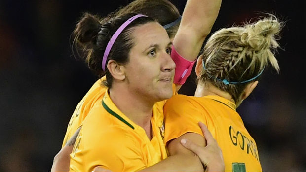 Striker Lisa De Vanna celebrates scoring against New Zealand in a friendly.