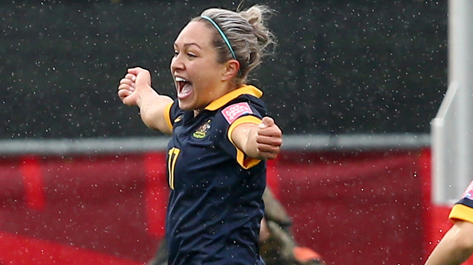 Kyah Simon celebrates her match-winning goal against Brazil.