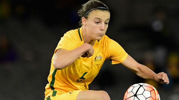 Westfield Matildas striker Chloe Logarzo controls possession against New Zealand.