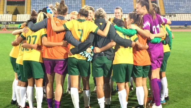 The Westfield Matildas come together after their win over Finland.