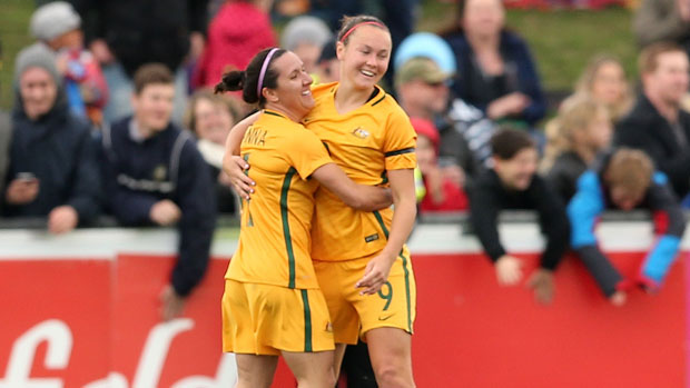 Matildas co-captain Lisa De Vanna celebrates a goal with Caitlin Foord.